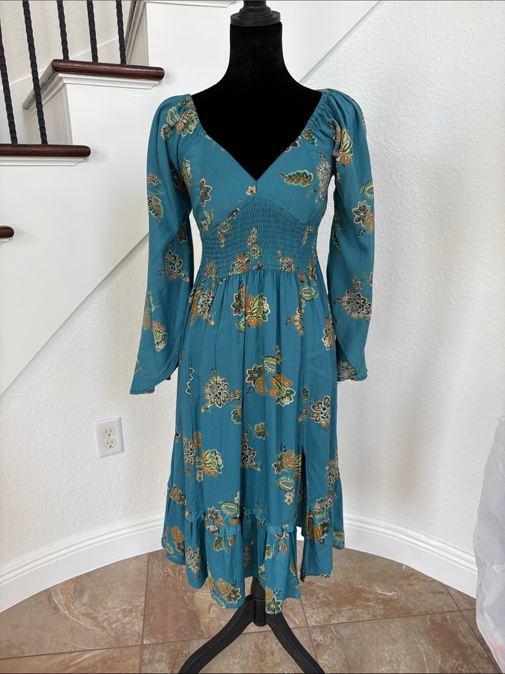 Teal Floral Midi Dress with Smocked Waist